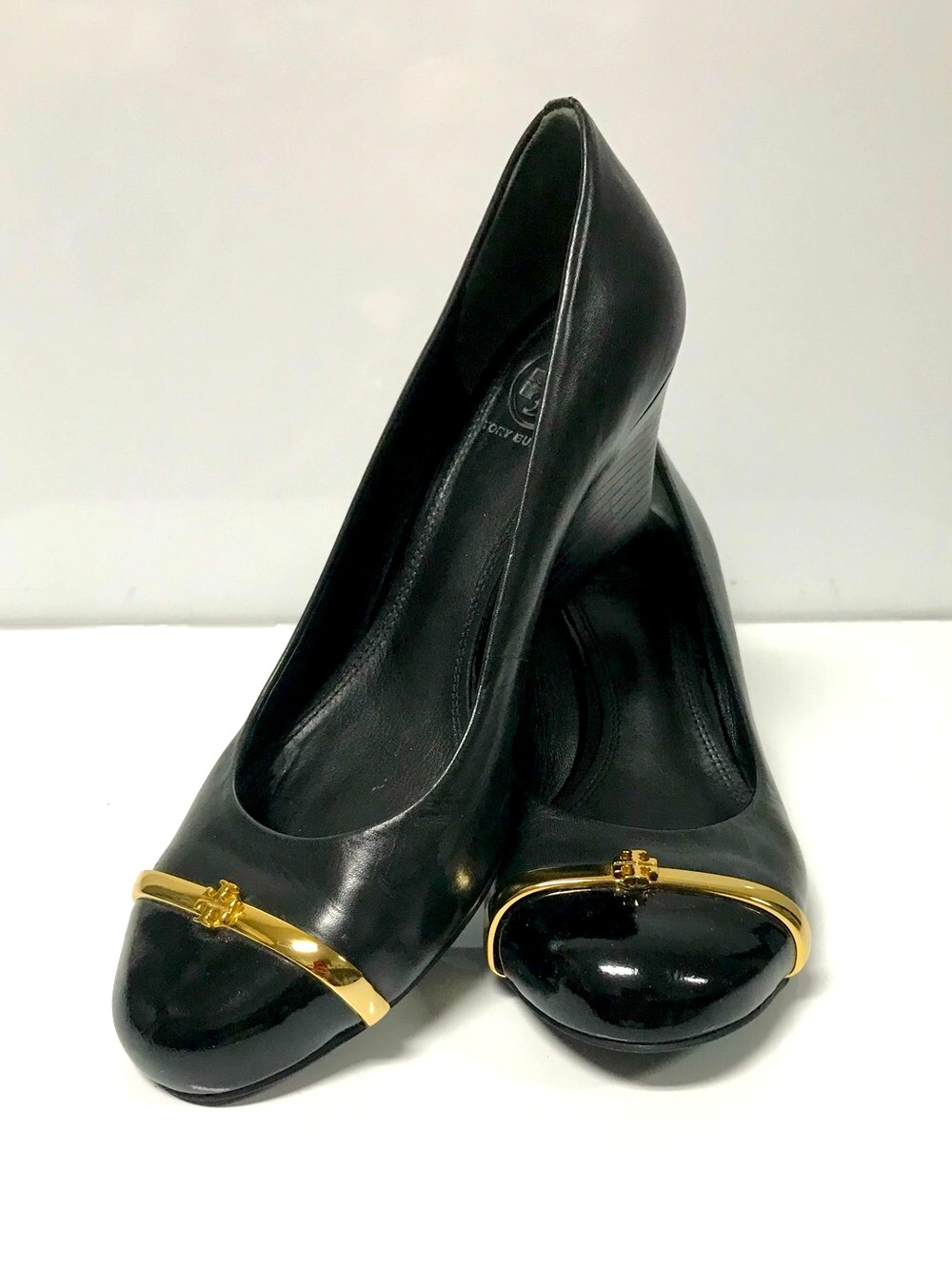 Tory Burch Black Leather & Patent Leather Cap Toe Wedge